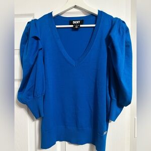 DKNY Blue V Neck Puff Sleeve Top